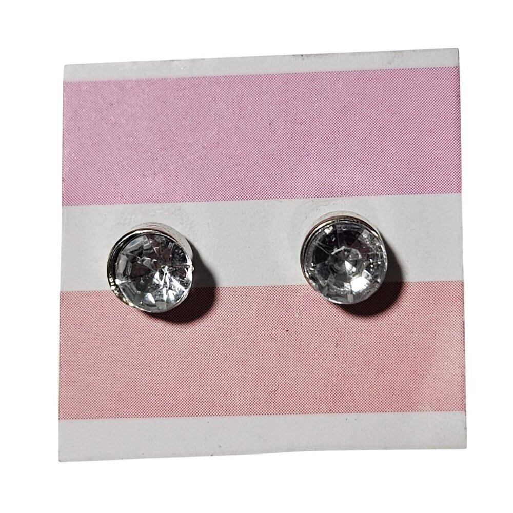 Classic Round Crystal Stud Earrings Silver Tone Bezel Setting Minimalist Jewelry
